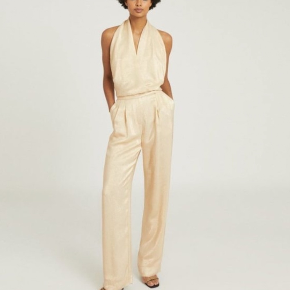 NEW Reiss Jody Metallic Jumpsuit halter neck wide leg formal cocktail size 10